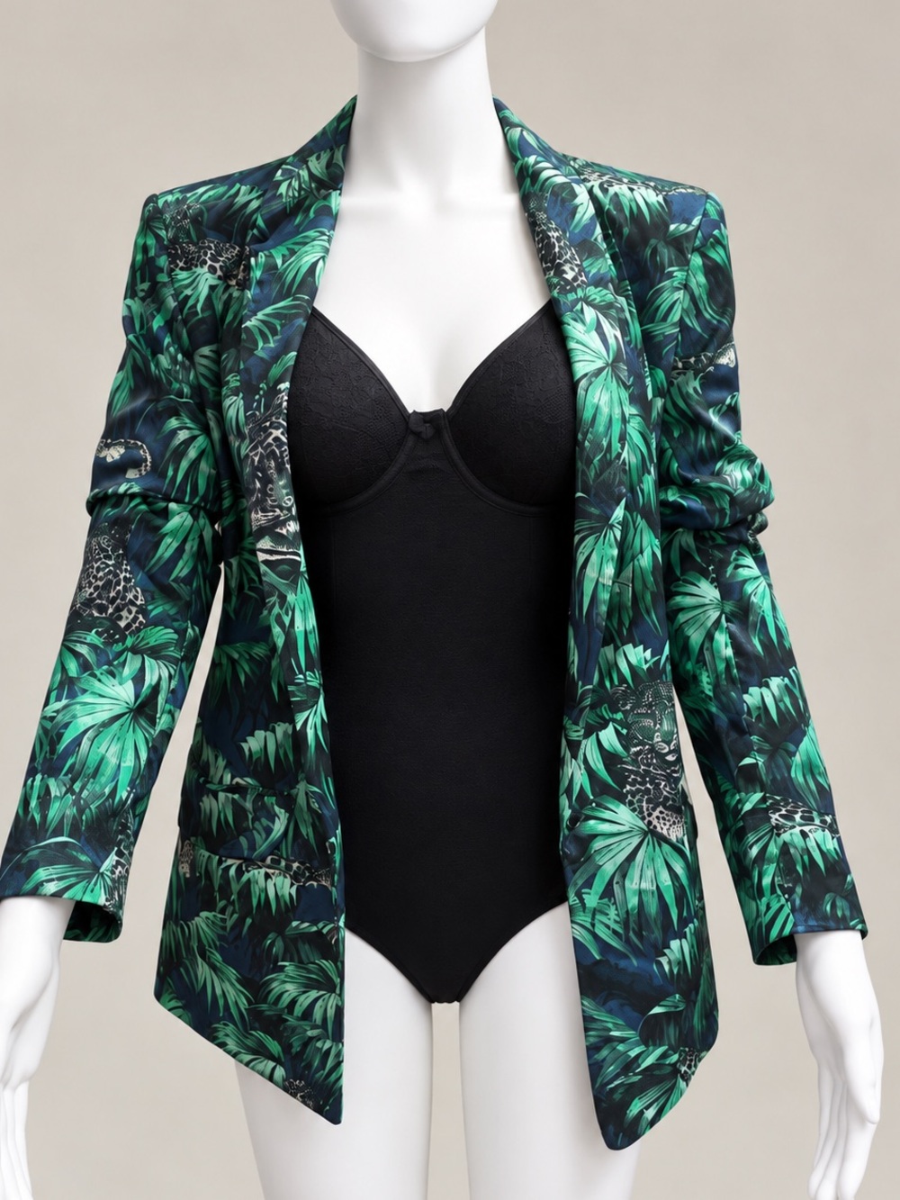 Zara Basic Floral Print Open Front Blazer XS Blue Green Longline